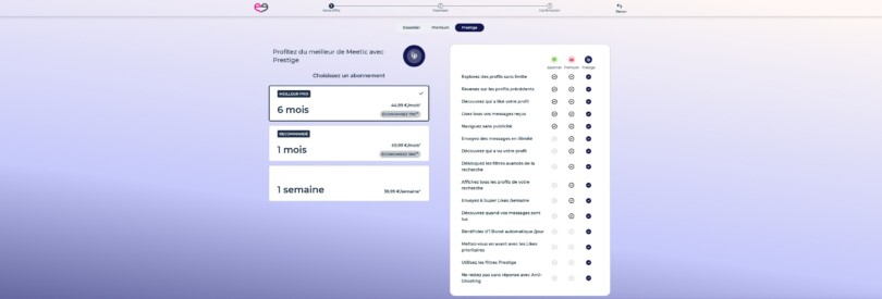 Tarifs du pass Prestige Meetic avec fonctionnalités détaillées