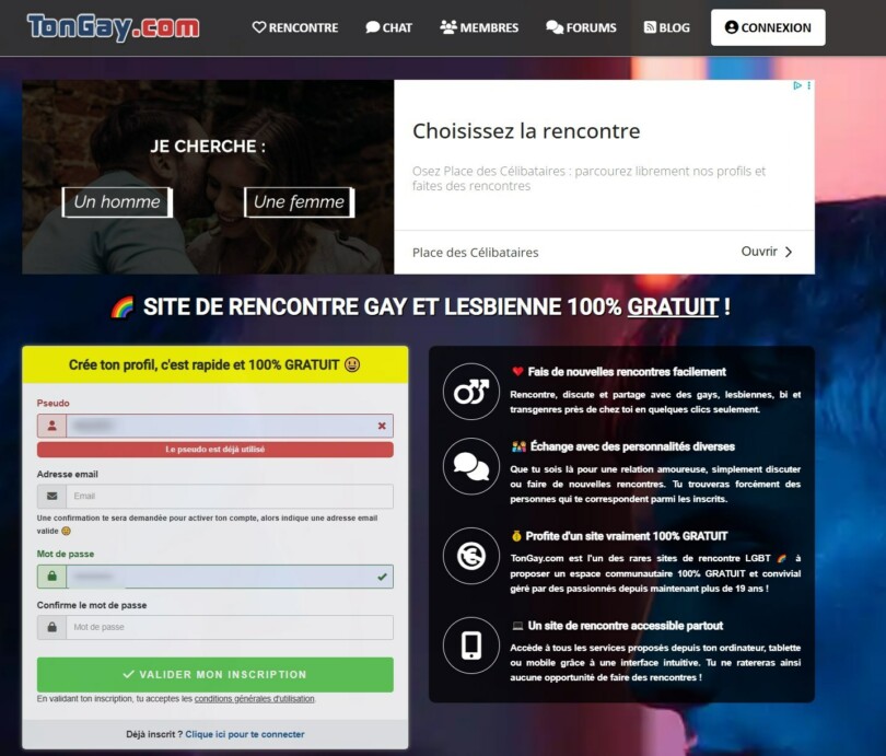 Page d’accueil et formulaire d’inscription de Tongay.com en 2026