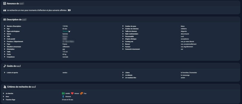 Détails d’un profil membre sur Tongay.com avec informations personnelles détaillées