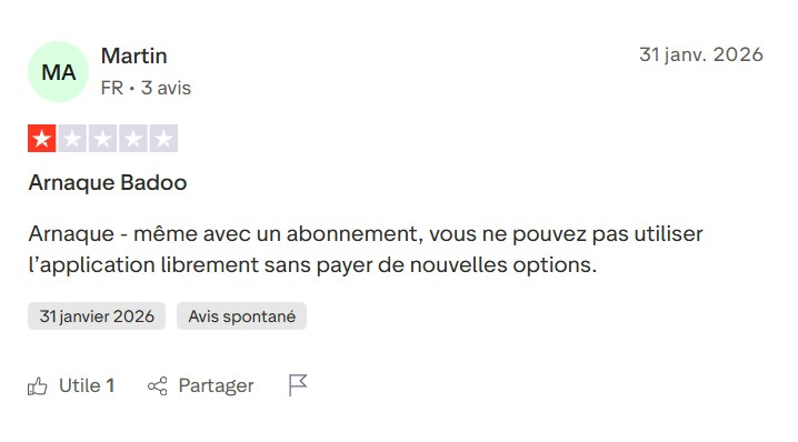 Avis Trustpilot 1 étoile : arnaque abonnement Badoo