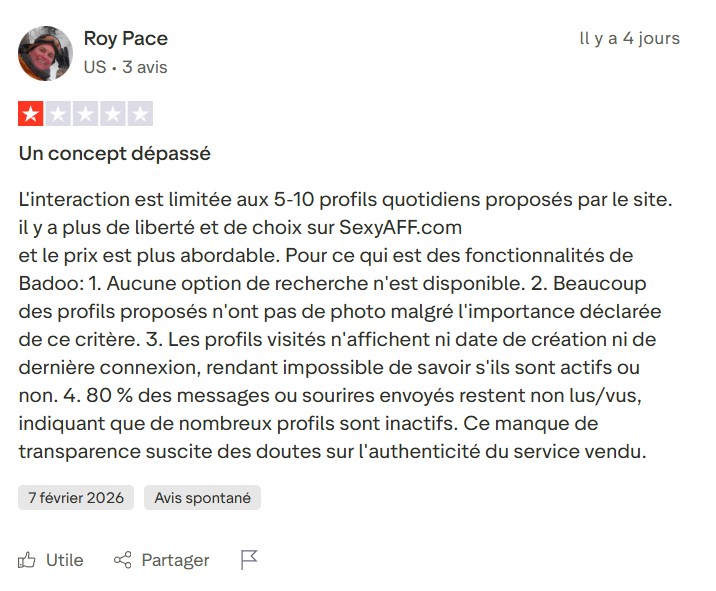 Avis Trustpilot détaillé : concept dépassé, interaction limitée à 5-10 profils par jour