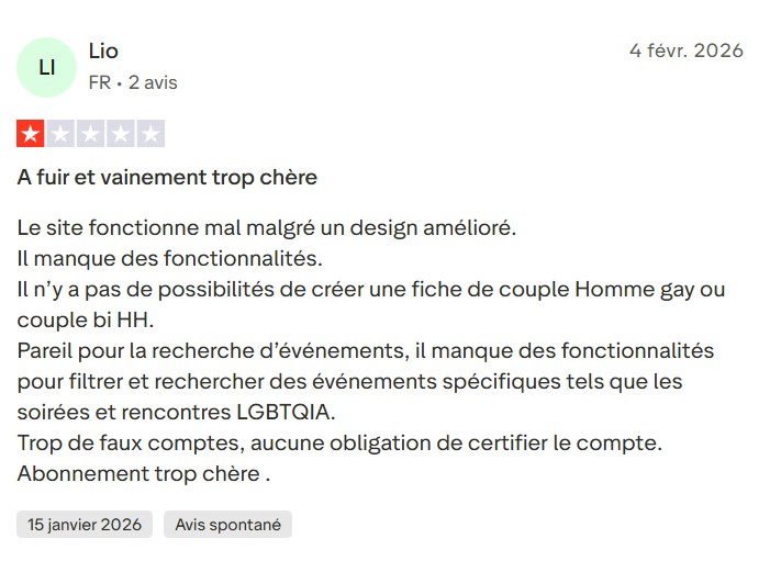 Avis Trustpilot négatif sur les fonctionnalités LGBTQIA manquantes