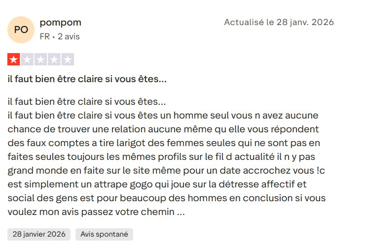 Avis Trustpilot négatif d’un homme seul sur Wyylde