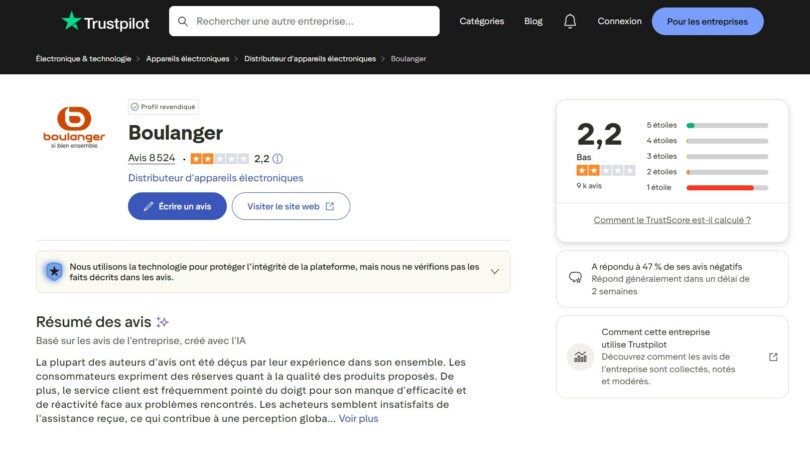 Note Trustpilot Boulanger 2.2 sur 5 avec 8524 avis
