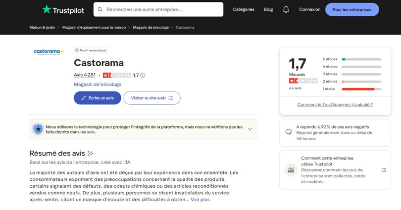 Page Trustpilot de Castorama avec une note de 1,7 sur 5