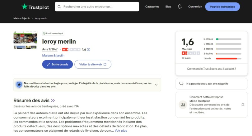 Note Trustpilot Leroy Merlin 1.6 sur 5 avec 17847 avis