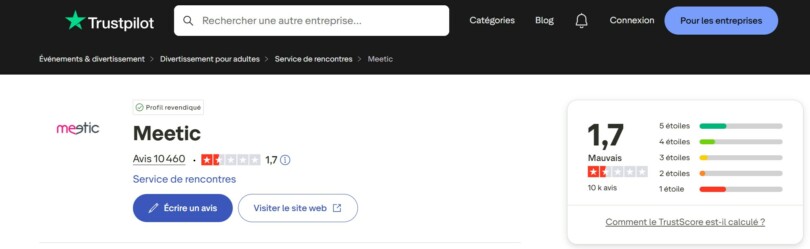 Note Trustpilot Meetic 1.7 sur 5 avec 10 460 avis
