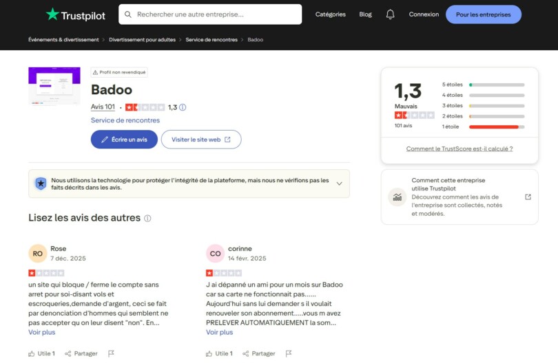 Page Trustpilot Badoo : note 1,3 sur 5, profil non revendiqué, 101 avis