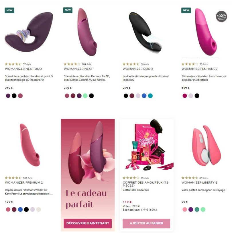 Catalogue Womanizer best-sellers 2026 - prix officiels Premium 2, Next, Duo 2, Liberty 2