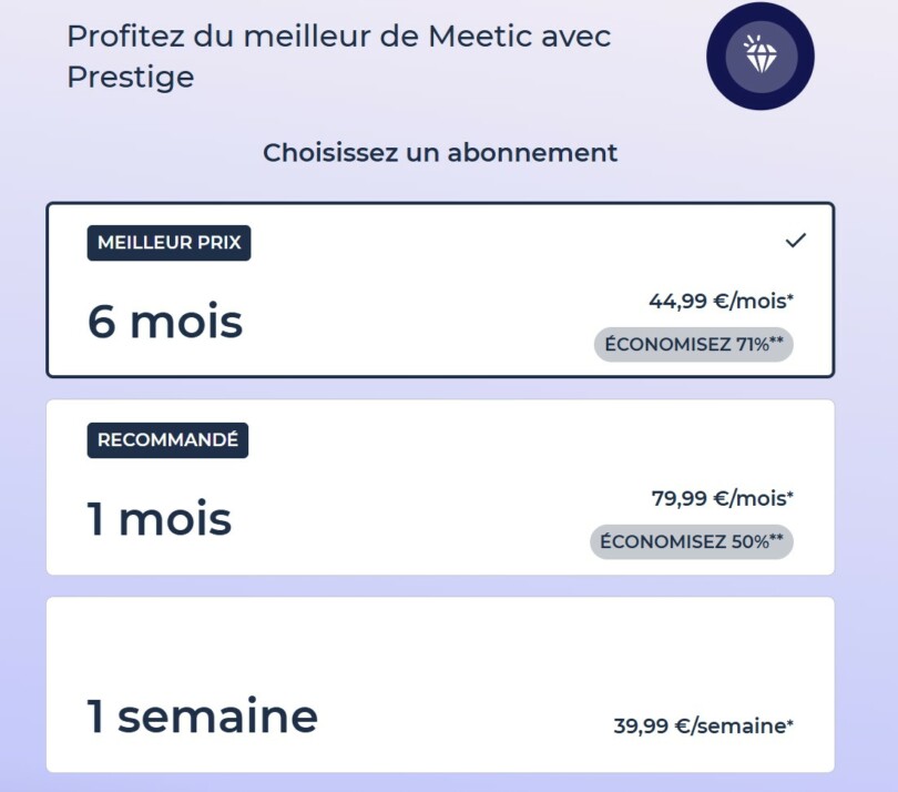 tarifs 2026 meetic prestige